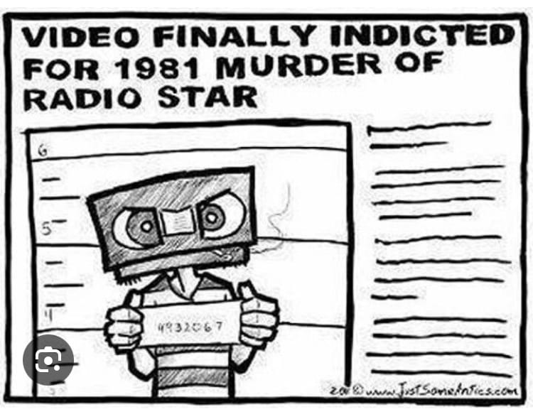 Cartoon mugshot of a person's body with a video head, with the caption "Video finally indicted for 1981 murder of radio star."