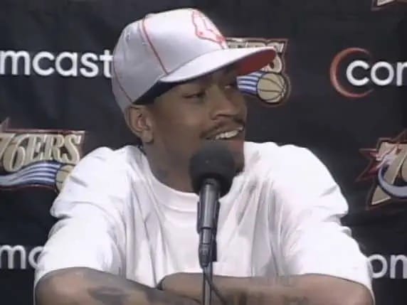 Philadelphia 76ers star Allen Iverson tells a reporter at a press conference "We're talking about PRACTICE."