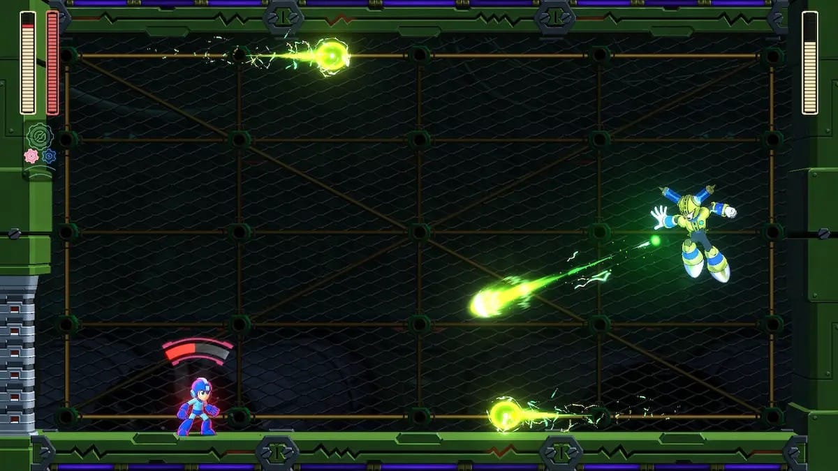 Mega Man engages in a boss battle with Fuse Man, a yellow robot who shoots electricity everywhere and moves around the screen quickly.