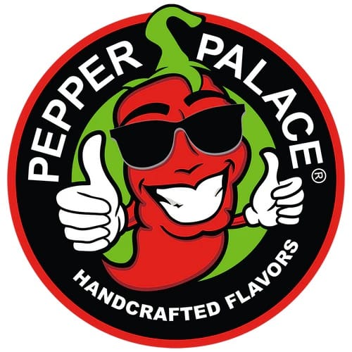 Hot sauce retailer Pepper Palace logo: a smiling anthropomorphic red pepper wearing sunglasses and giving two thumbs up.