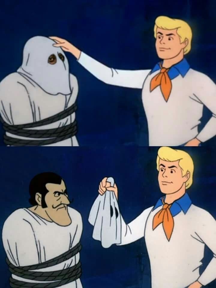 Scooby-Doo scene in which they pull a mask off a villain.