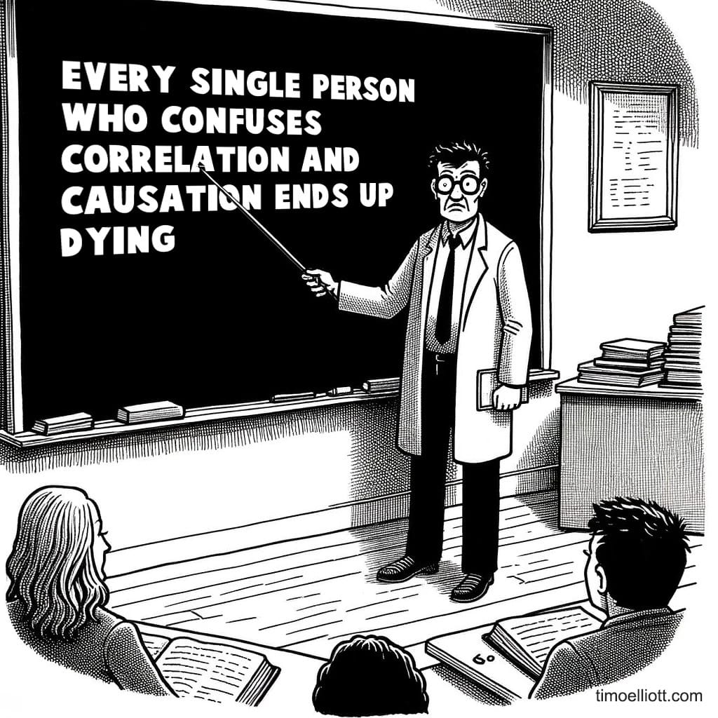 Professor points at a chalkboard, on which is written "Every single person who confuses correlation and causation ends up dying."