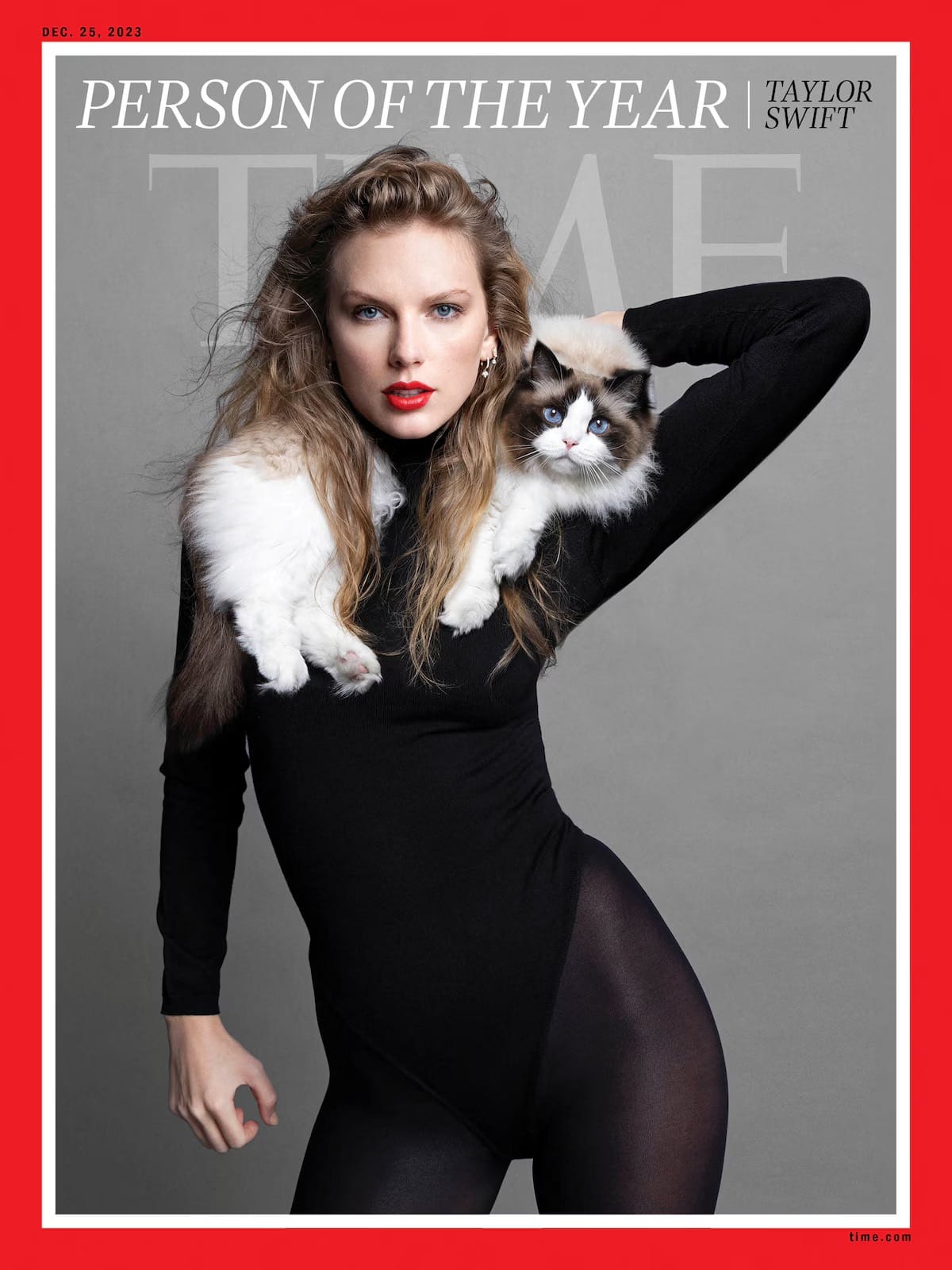 Taylor Swift's TIME Magazine cover, in which she wears a black body suit and has her cat draped over the back of her neck.