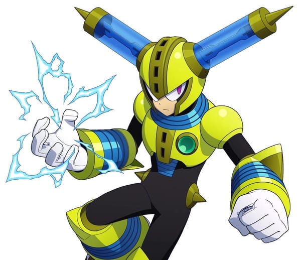 Fuse Man is a yellow robot from Mega Man 11, with electrodes on his head.