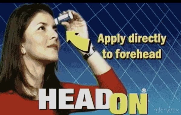 HeadOn commercial screen capture, showing a woman applying a product to her forehead in a circular fashion.